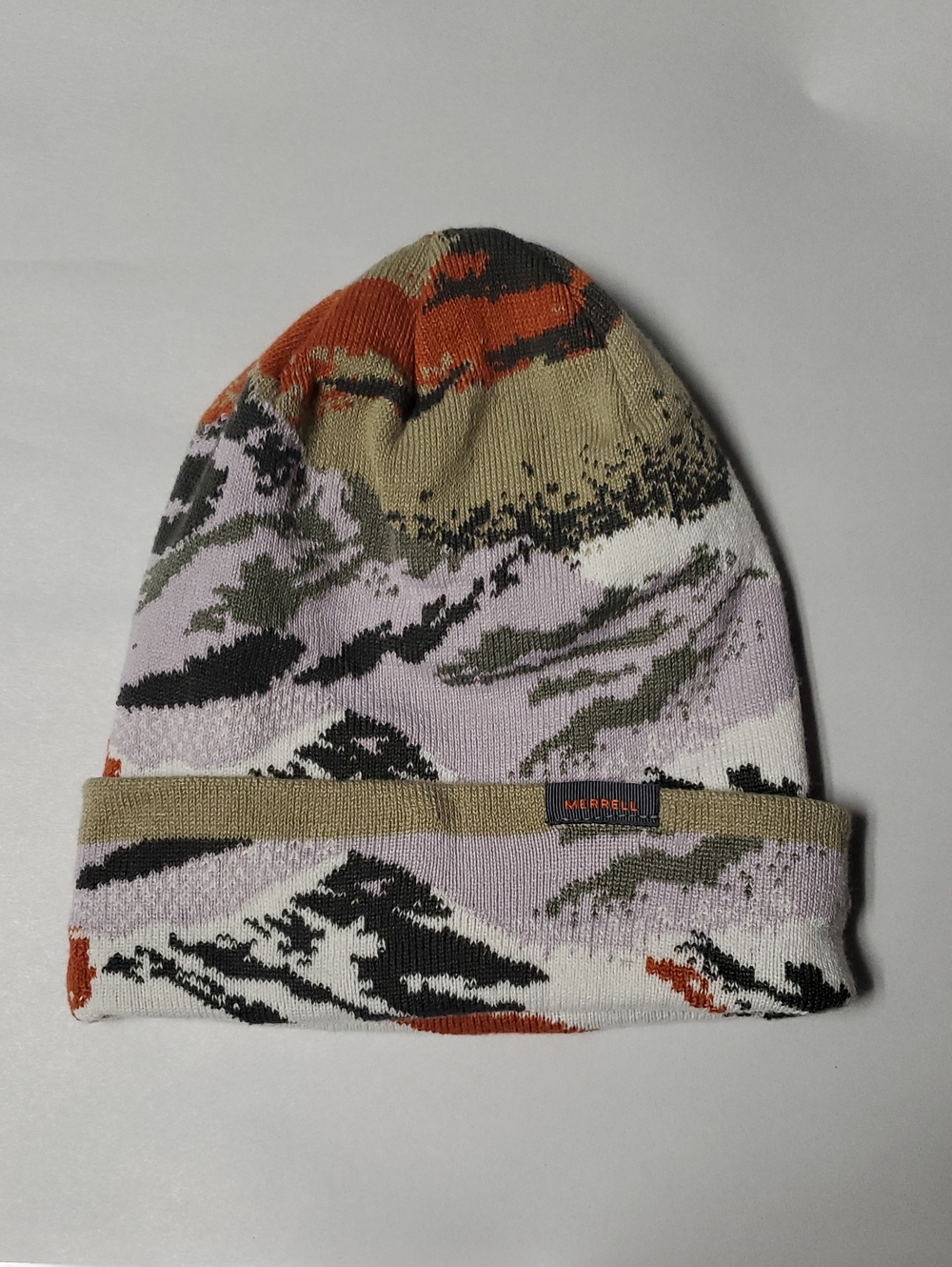 Merrell Mountain Landscape Knit Beanie in Lavender, Tan & Orange Travel Outdoors